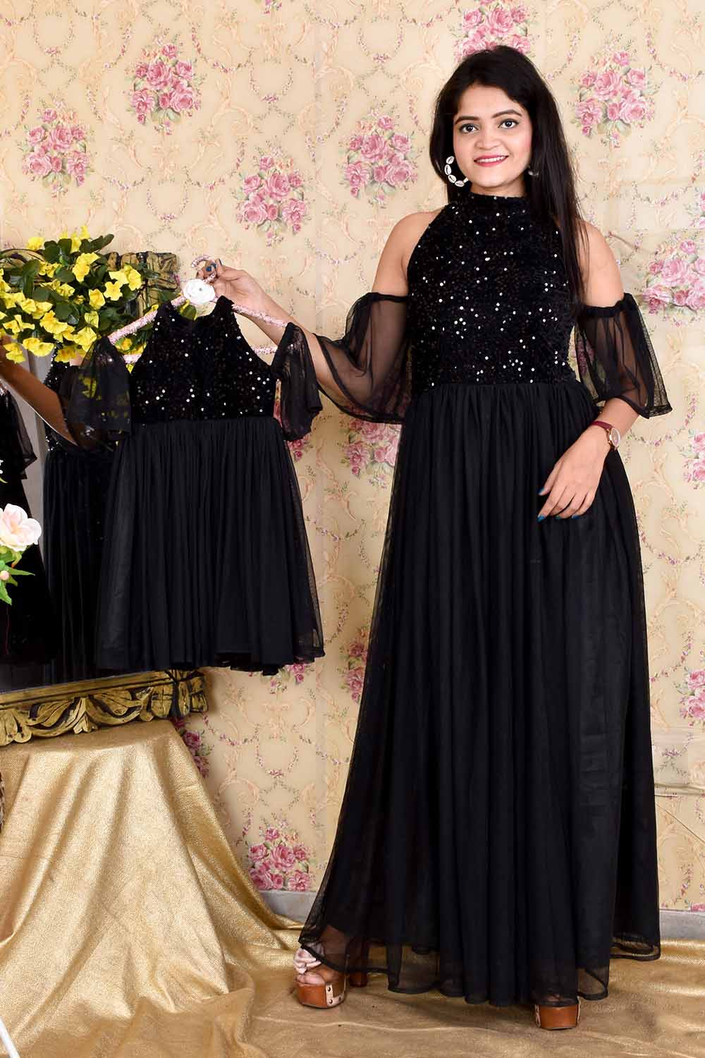 Black Sequins and Net Mother-Daughter Gown Combo