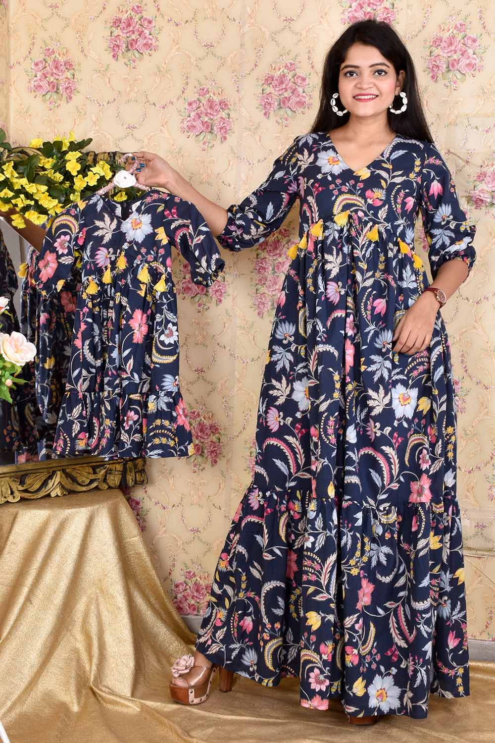 Blue Printed Cotton Mother-Daughter Gown Combo