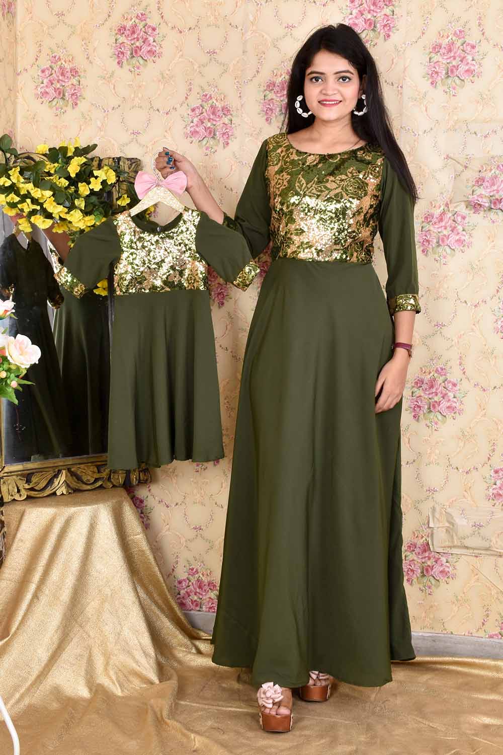 Olive Green Mother-Daughter Gown Combo