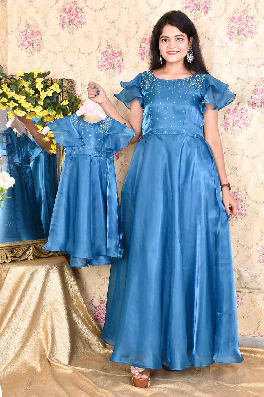 Teal Blue Organza Mother-Daughter Gown Combo