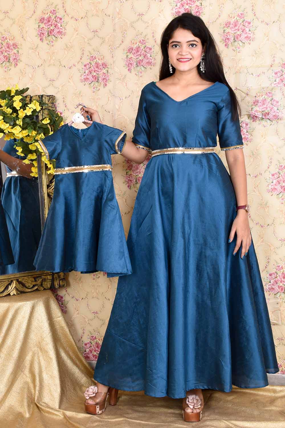 Teal Blue Taffeta Silk Mother-Daughter Gown Combo