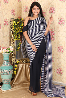 Blue Striped Ready To Wear Sari with Unstitched Blouse