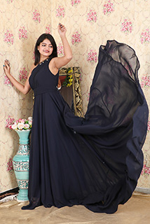 Dark Blue Draped Gown with Long Trail