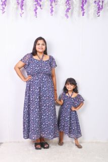 Navy Blue Printed Mom and Daughter Combo