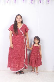 Maroon Printed Mom and Daughter Combo