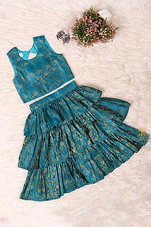 Beautiful Teal Blue Brocade Skirt Top Set