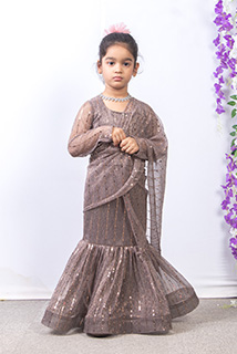 Copper Shade Pre Draped Saree with Stitched Blouse for Kids
