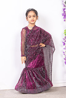 Wine Shade Pre Draped Saree with Stitched Blouse for Kids
