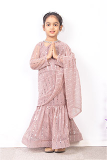 Nude Pink Shade Pre Draped Saree with Stitched Blouse for Kids