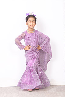 Lavender Shade Pre Draped Saree with Stitched Blouse for Kids