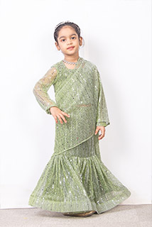 Pista Green Shade Pre Draped Saree with Stitched Blouse for Kids