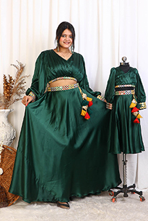Mehandi Special Green Satin Top and Skirt Mom And Daughter Combo