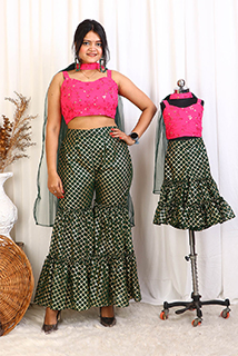 Mehandi Special Pink&Green Top Palazzo and DupattaMom And Daughter Combo