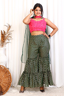 Mehendi Special Pink & Green Top Palazzo and Dupatta