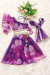 Purple Floral Print Organza kids lehenga set