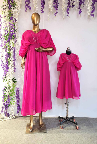Mother Daughter Pink Party Wear Gown Combo