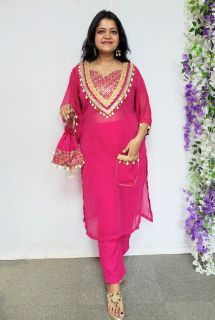 Hot Pink Indo Western Kurta Set With Potli Bag