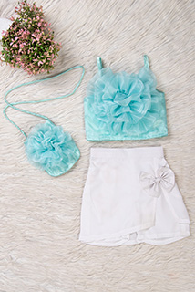 Powder Blue and White Flower Coord Set with Matching Bag
