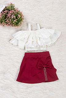 White and Maroon Skirt Top Set