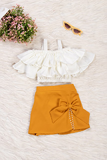 White and Mustard Skirt Top Set