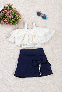 White and Navy Blue Skirt Top Set