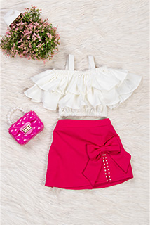 White and Magenta Skirt Top Set
