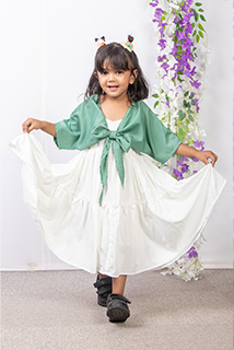 White and Green Dress with Shrug For Kids
