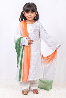 White Chikankari Kid suit with Tiranga Dupatta