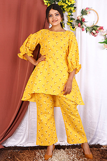 Mustard printed high low A-line co-ord set