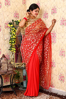 Red Georgette and Net Saree with Unstitched Blouse