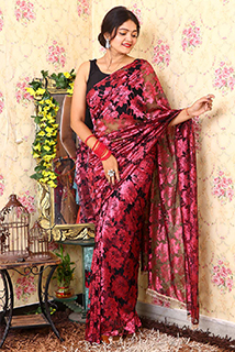Floral Printed Net Saree with Unstitched Blouse