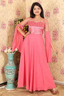Pink Embroidered Yoke Georgette Gown