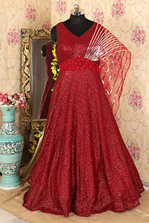 Maroon Sequins Gown with attached dupatta