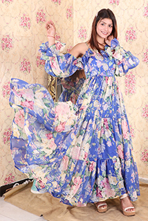 Blue Chiffon Printed Massive Flare Maxi Dress
