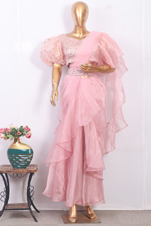 Nude Pink Draped Sari with Embroidered Net Blouse and Belt