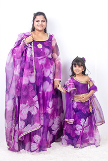 Purple Floral Print Organza Mother Daughter Ethnic combo