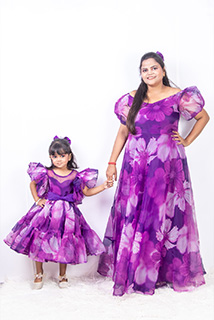 Purple floral Print Organza Mother Daughter Western combo