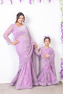 Lavender Shade Pre Draped Saree Mom and Me Combo