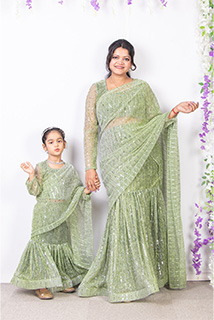 Pista Green Shade Pre Draped Saree Mom and Me Combo