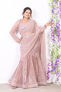 Nude Pink Shade Pre Draped Saree with Stitched Blouse