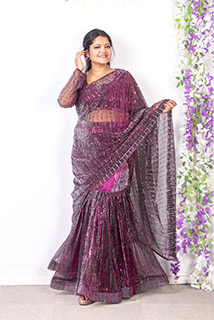 Wine Shade Pre Draped Saree with Stitched Blouse