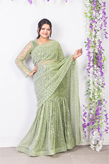 Pista Green Shade Pre Draped Saree with Stitched Blouse