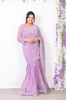 Lavender Shade Pre Draped Saree with Stitched Blouse