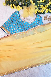 Yellow-Skyblue Embroidered Saree
