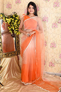Orange Ombre Organza Saree with stitched blouse