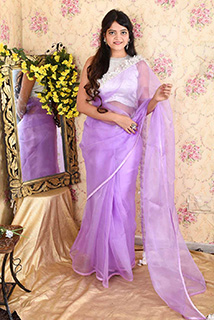 Lavender Organza Saree with stitched Silver Brocade Blouse