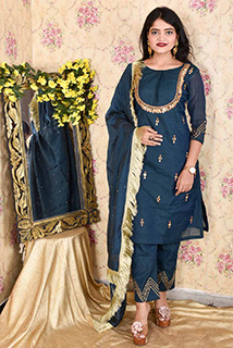 Teal Blue Mirror Embroidered Kurta Set with Dupatta