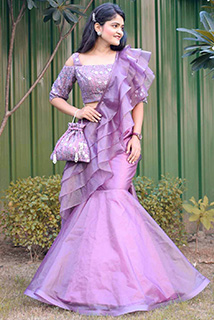 Lavender Draped Organza Sari with Stitched Blouse
