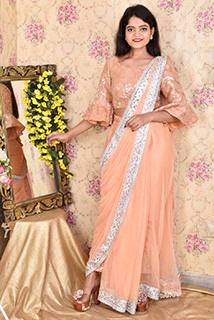 Peach Silver Draped Sari with Stitched Blouse
