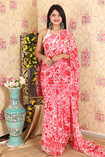 Red Printed Chiffon Ready To Wear Sari with Unstitched Blouse